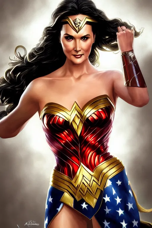 Image similar to Portrait of Lynda Carter as Wonder woman, DC, justice league, cinematic lighting, intricate, elegant, highly detailed, digital painting, artstation, painted by Artgerm and Mark Waid and Greg Rutkowski and Mandy Jurgens and Snyder