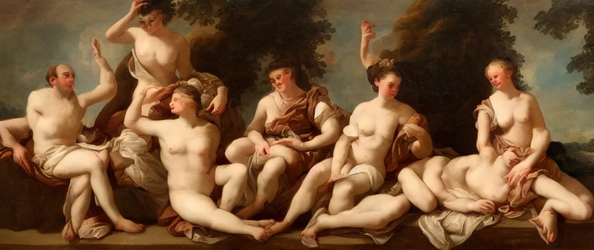 Prompt: three cups only do i propose for sensible men. one for health, the second for love and pleasure, the third for sleep ; when these have been drunk up, wise guests make for home, in the style of a beautiful neoclassical rococo painting by the great masters, oil on canvas, thick palette knife