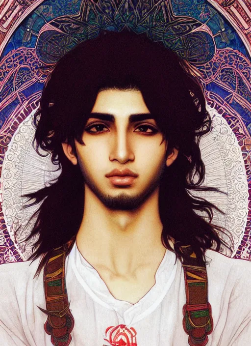 Image similar to beautiful medium shot portrait of a young arabic man inspired by ayami kojima with short hair dressed with a white t - shirt looking into the camera from three - quarters, white background white bank studio light, art by yoshitaka amano, alfons mucha, final fantasy, high quality, 8 k