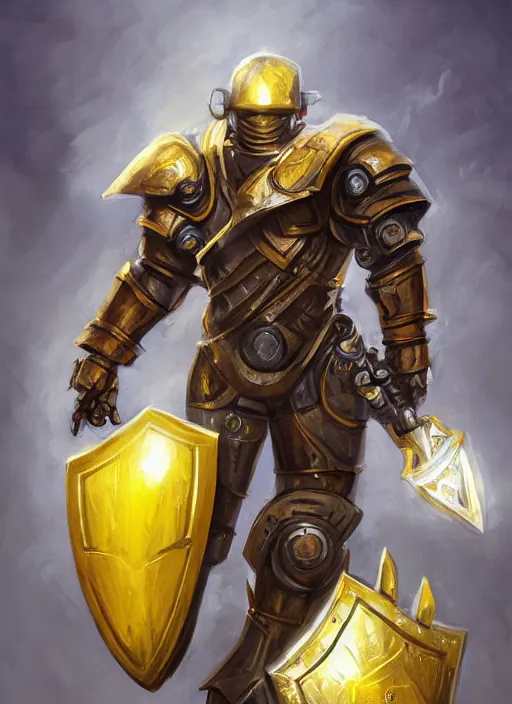 Image similar to dynamic portrait of a big eye warforged character in yellow armor holding a paladin engraved longsword and carrying a big shield, epic , trending on ArtStation, cinematic lighting, by Jesper Ejsing