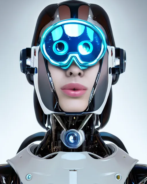 Prompt: centered portrait photo of flirtatious young lorena herrera as a solarpunk mecha humanoid robotic parts wearing goggles with bright lights, real human face, pudica pose, inside white room, ultra - realistic and detailed, 8 k