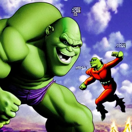 Image similar to shrek fighting the incredible hulk, anime, akira toriyama