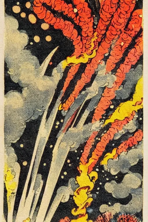 Prompt: anatomical illustration of fireworks, 1920s art deco, by Telemaco Signorini, vintage postcard, a vintage anime 70s comic book watercolor