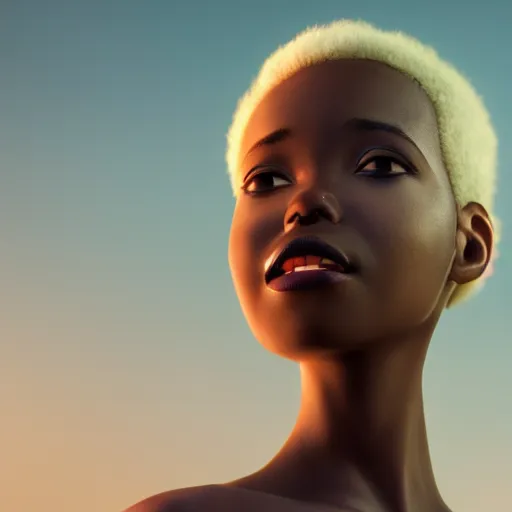 Image similar to stunning, coherent, impressive, detailed still of black girl with short blonde hair, follow shot, 3d, in the style of pixar, comic book style, 3d, highly detailed, sharp focus, bokeh, depth of field, 16k resolution, Unreal Engine 5, coherent, cinematic lighting, photorealistic, by Zhang Jingna