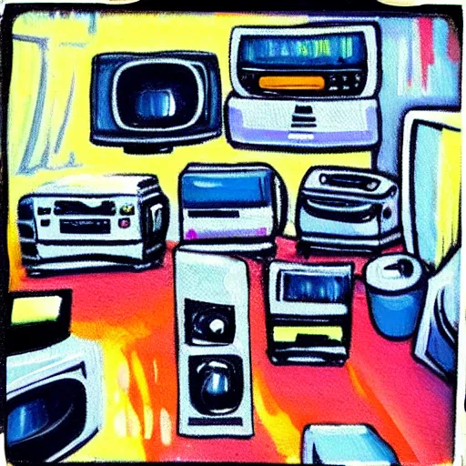 Image similar to fuzzy, array of crt televisions, tv static, antenna, stacked, polaroid, steroids, adult video store, impressionist painting, painting, acrylic painting, cell shaded