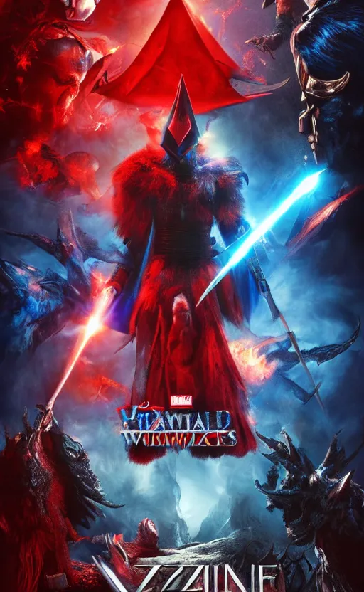 Prompt: a mind - blowing, epic movie poster, depicting a battle between red and blue fantasy style wizards, wearing wizard hats, magic, cinematic, dnd, high quality, marvel movie