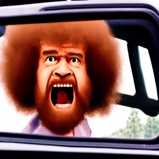 Image similar to a screaming angry bob ross in rear view mirror