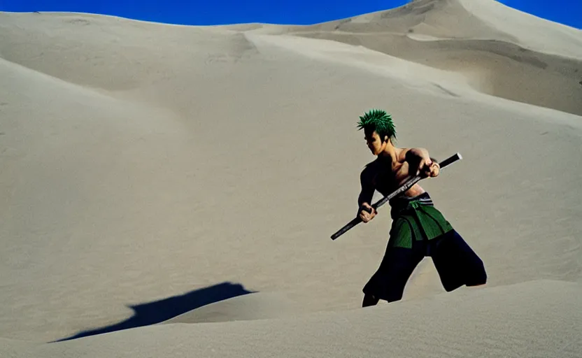 Image similar to roronoa zoro in sand dunes, photography