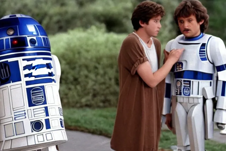 Image similar to a movie still from the 1989 romcom movie when Harry Met R2D2 starring Billy Crystal