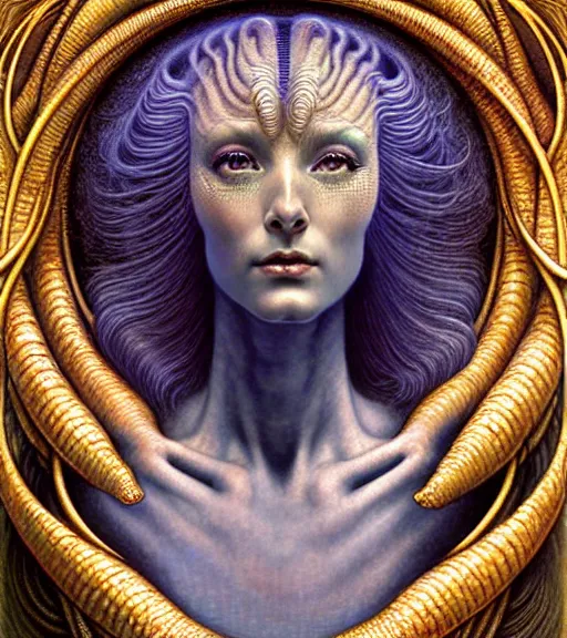 Prompt: detailed realistic beautiful young cher alien robot as queen of andromeda galaxy portrait by jean delville, gustave dore and marco mazzoni, art nouveau, symbolist, visionary, baroque, giant fractal details. horizontal symmetry by zdzisław beksinski, iris van herpen, raymond swanland and alphonse mucha. highly detailed, hyper - real, beautiful!