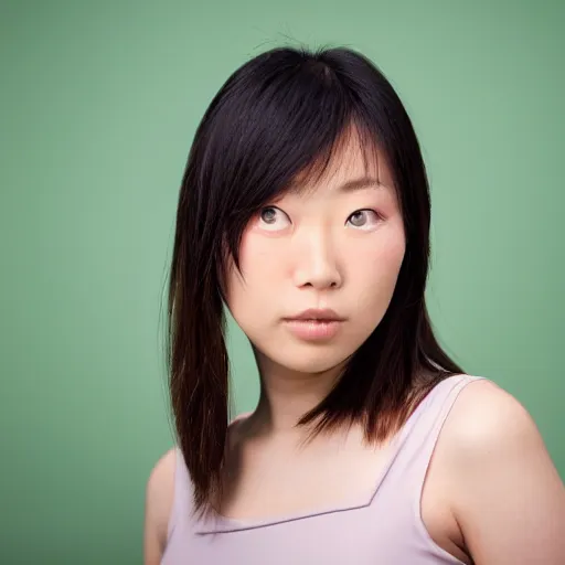 Prompt: front view mug shot of a young beautiful delicate elegant japanese female, digital photography, soft studio lighting, chroma green background