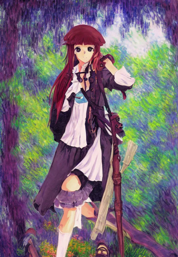 Image similar to wide angle painting of a teenage pirate girl, a thrifty uniform, somewhat of an anime in impressionist style, fantasy forest background, trending artwork, illustrated in anime painter studio, by claude monet and an anime artist, collaboration