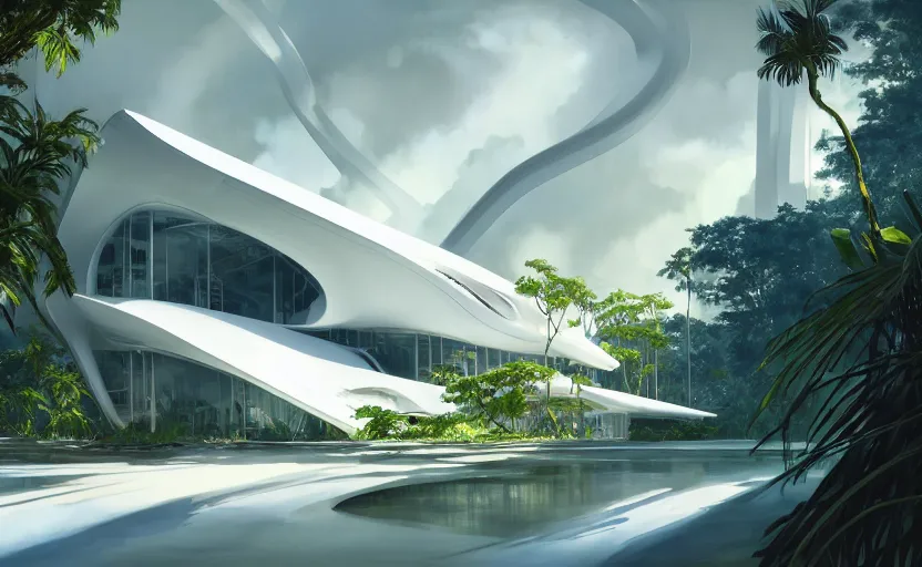 Image similar to painting of a wide angle exterior shot of a white modern architecture in the middle of a tropical forest with cinematic lighting by zaha hadid and renzo piano, darek zabrocki and greg ruthkowski, alphonse mucha, simon stalenhag and cinematic and blue cold atmospheric, archillect concept art, artstation, trending on artstation