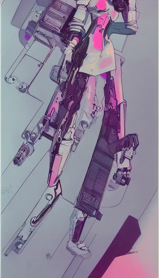 Prompt: concept art of a female cyberpunk character, film noir, art deco, pastel colors, detailed ink drawing, by Syd Mead, by Moebius