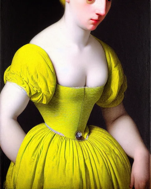 Image similar to photo-realistic portrait of a young pale woman with lilac hair buns, wearing a neon yellow dress by Vivienne Westwood, intricate details, cyberpunk, super-flat, in the style of Jean Auguste Dominique Ingres, black background