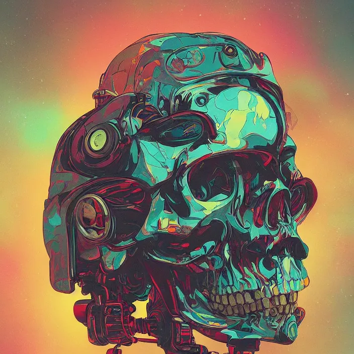 Prompt: a beautiful painting of a cyberpunk skull by simon stalenhag and pascal blanche and sachin teng and alphonse mucha. in style of digital art. colorful comic, film noir, symmetry, hyper detailed. octane render. trending on artstation