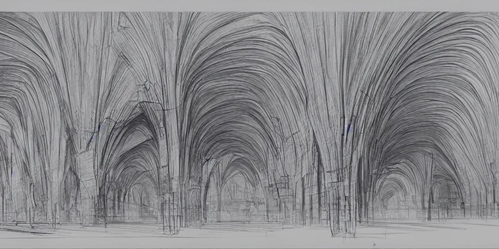 Prompt: sketch by hassan Fatahy and Zaha Hadid for mosque in old paper