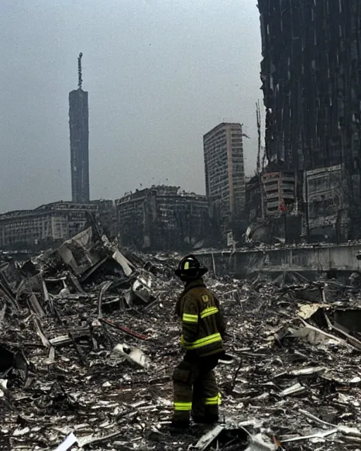 Image similar to a firefighter looks towards the heavily damaged belgrade's tallest building, 1 9 9 9