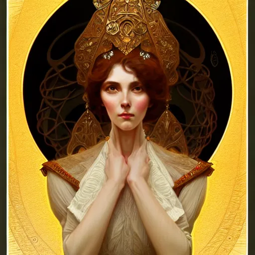 Image similar to character portrait of a modest woman, tall, feminine, powerful, modestly clothed, voluminous, intricate, elegant, highly detailed, digital painting, artstation, smooth, symmetrical, sharp focus, illustration, art by gaston bussiere and alphone mucha