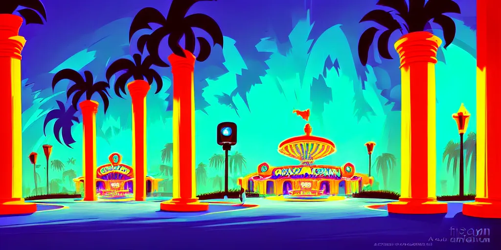 Image similar to curled perspective digital art of casino entrance with marble columns and palmtrees by anton fadeev from nightmare before christmas