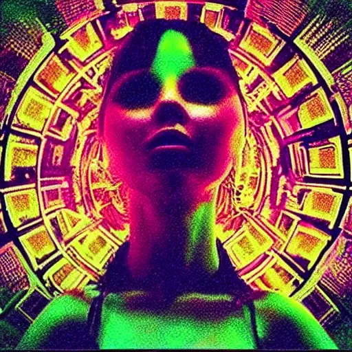 Prompt: “A picture of a woman, enter the void dmt lsd matrix techno alien cyberpunk psychedelic”