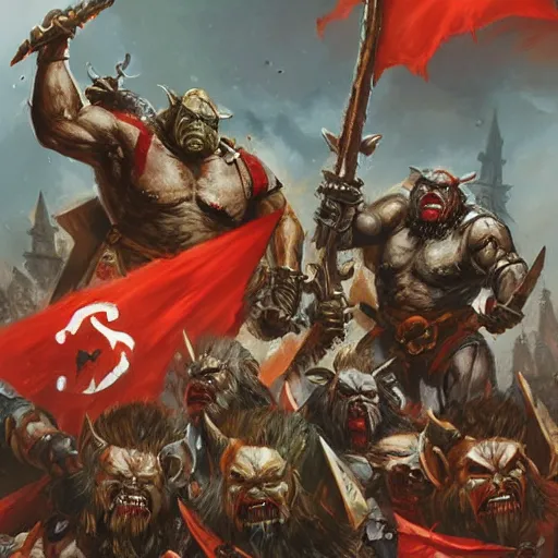 Image similar to Orcs from Warhammer Fantasy with USSR flags are charging by Greg Rutkowski