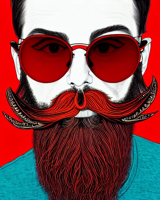 Prompt: detailed hipster skinny man with sunglasses, long vibrant colored beard, dmt, by james gurney + intricate and vibrant red shirt + portrait + trending on artstation + incredible gothic illustration + exquisite detail