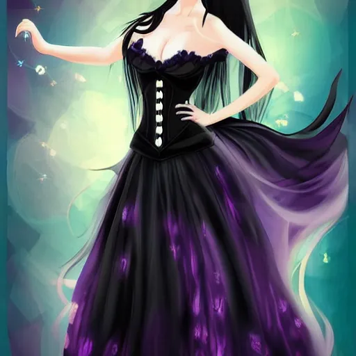 Image similar to a beautiful anime woman with long black hair, wearing a black corset top and a purple tutu, digital art, fantasy art