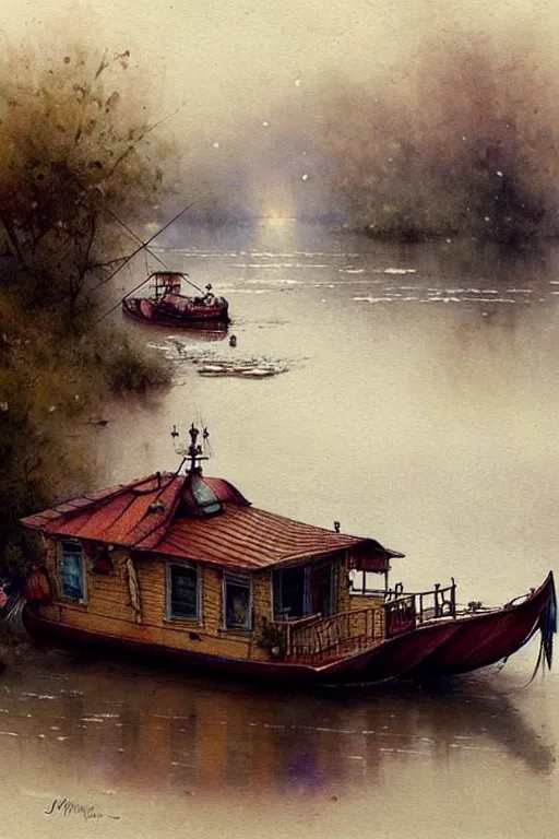 Image similar to (((((1950s fairy tale gypsy house boat floating on a river . muted colors.))))) by Jean-Baptiste Monge !!!!!!!!!!!!!!!!!!!!!!!!!!!