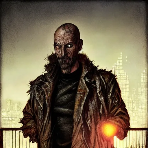 Image similar to cyberpunk, closeup portrait of a shaggy old cyberpunk fence, bald, tired eyes, tattered tweed jacket, dramatic light, city background, sunset, dystopian setting, high contrast, sharp, neuromancer, the finn, painted by stanley lau, painted by greg rutkowski, painted by stanley artgerm, digital art, trending on artstation