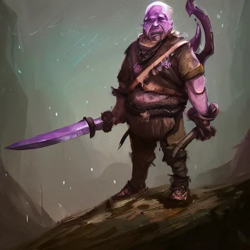 Image similar to male duergar adventurer with purple skin, by Ismail Inceoglu, wearing leather adventuring clothes, shabby, short, bald, wielding knife, mischievous grin, character portrait, digital art, dungeons and dragon, character