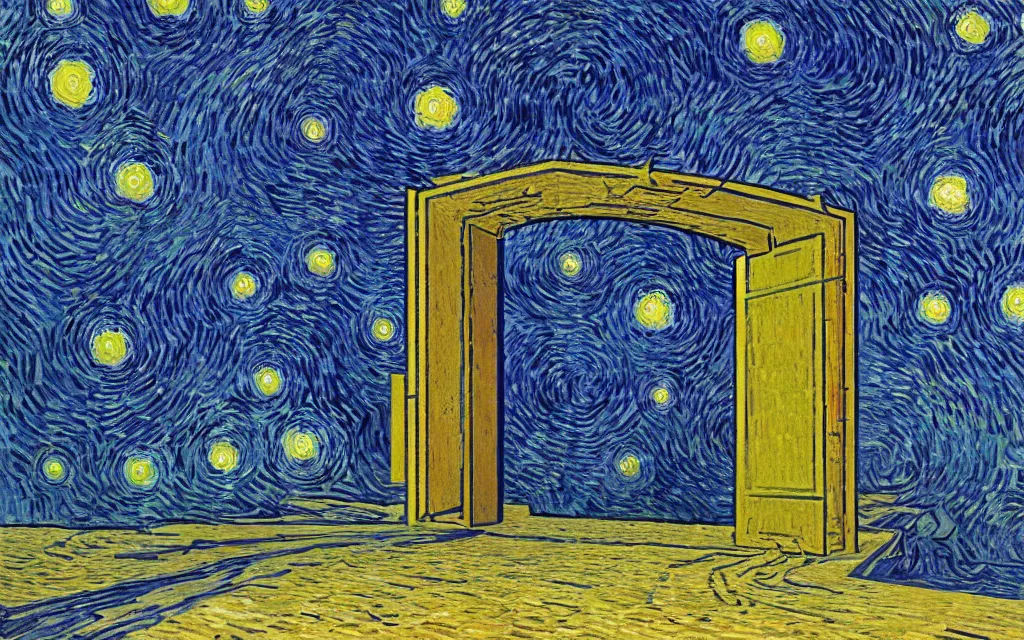 Image similar to rectangular portal gate to another world. fractal. retro minimalist art by jean giraud and van gogh