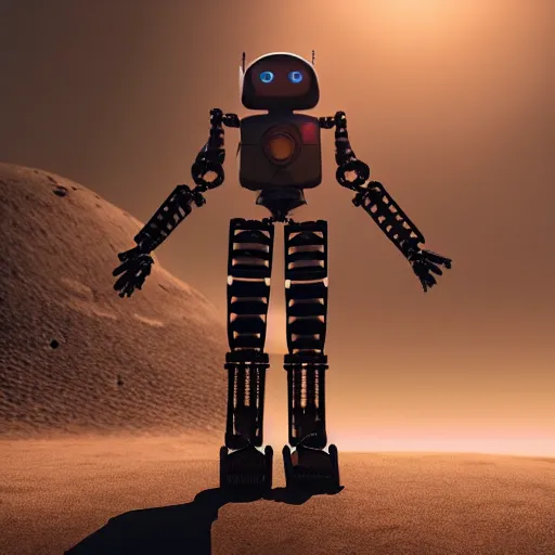 Image similar to realistic robot android on mars, death's door, alone, apocalypse, low power, realistic light and shadow effects