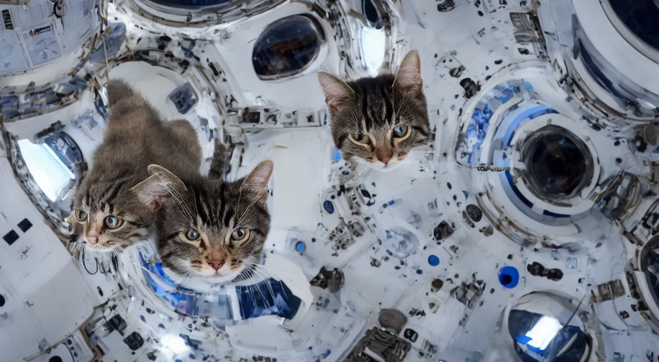 Prompt: Photo of a cat floating inside the International Space Station in zero gravity, highly-detailed 4K award-winning cinematic, wide angle