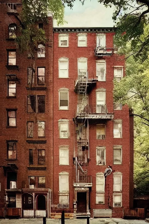 Image similar to (((((a ramshackle manhattan brick brownstone deep in the forest))))) by Wes Anderson !!!!!!!!!!!!!!!!!!!!!!!!!!!