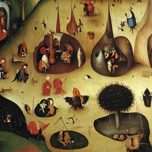 Prompt: Garden of Gnomes' Delights, detailed oil painting by hieronymus bosch