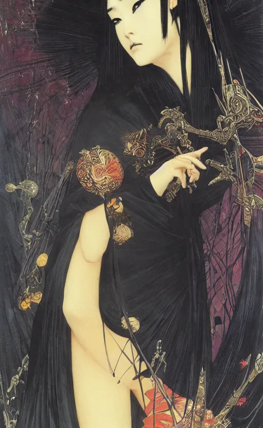 Prompt: a queen in a black funeral dress, japanese art, oil painting, by bruce pennington, by otomo, by amano, by bouguereau, by gustave moreau