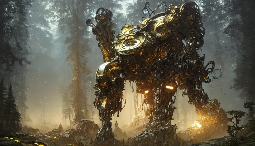 Image similar to large walking mech covered in gold and silver armor with elden ring aesthetic, covered in moss and birds, glowing lights, beautiful forests and trees, intricate detail, epic wallpaper, art by darek zabrocki and John Park and Feng Zhu and Jason Chan, trending on artstation, masterpiece.