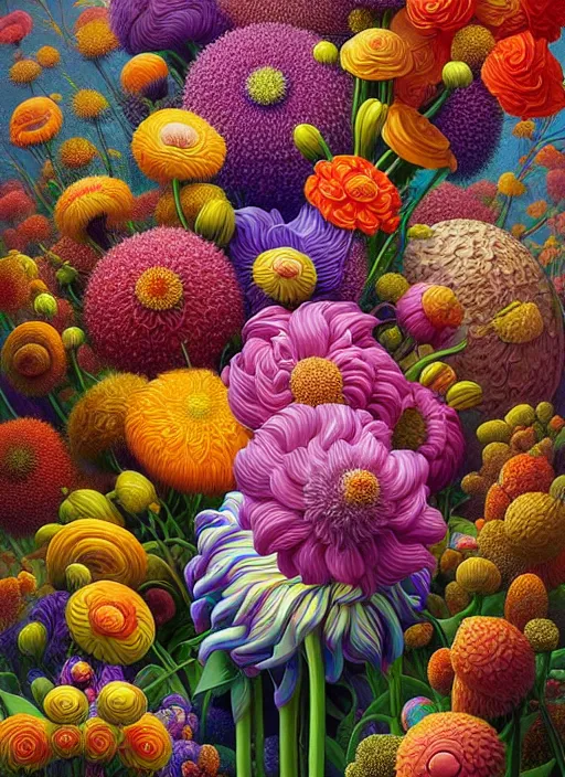 Image similar to hyper detailed 3d render like a Oil painting - a vivid flower bouquet, long petals, huge blossoms, by Jacek Yerka, Mariusz Lewandowski, Houdini algorithmic generative render, Abstract brush strokes, Masterpiece, Edward Hopper and James Gilleard, Zdzislaw Beksinski, Mark Ryden, Wolfgang Lettl, hints of Yayoi Kasuma, octane render, 8k