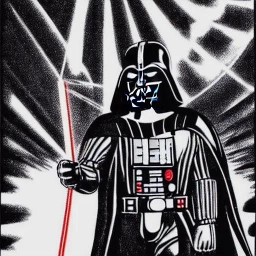 Prompt: silkscreen of darth vader throwing a paper airplane