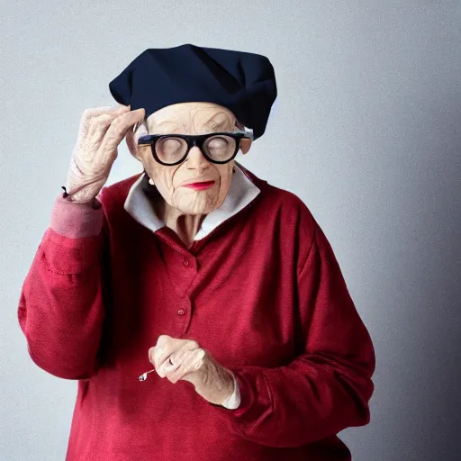 Prompt: photo of an old lady wearing ridiculously large glasses and a cooking pot as a hat, studio lighting