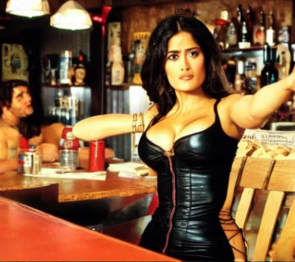 Prompt: film still of salma hayek leaning over a counter inside a hooters bar, large bust beautifully showing in hooters outfit as it rests on the counter in a leaning pose, scene directed by quintin tarantino.