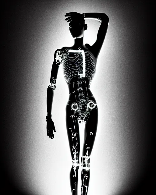 Image similar to black and white cyborg-plant goddess high quality photo, microchip, artificial intelligence, bio-mechanical bio-luminescence, black wired cables, neurons, nerve cells, octane render, cinematic, rim light, hyper realism, photo-realistic, high detail, 8k, masterpiece, high fashion, in the style of Steven Meisel and Dora Maar and H.G. Giger