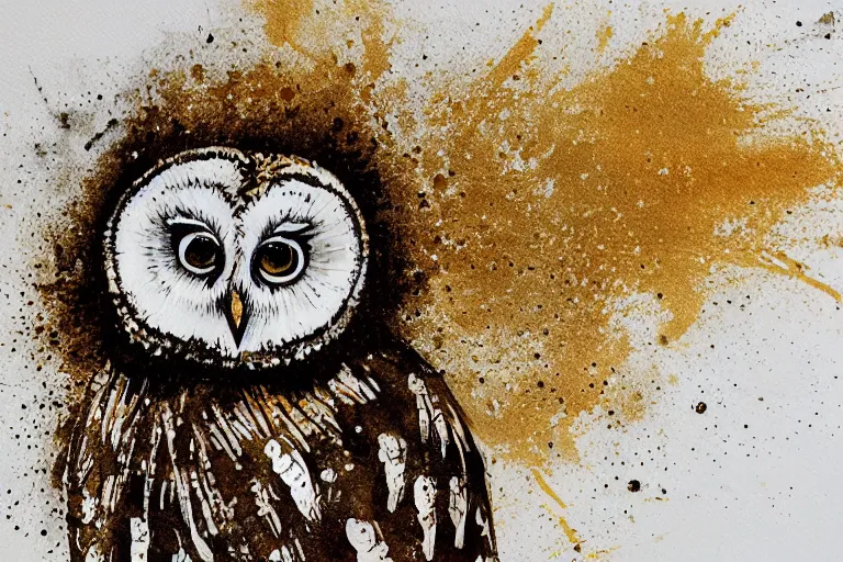 Image similar to beautiful serene owl, healing through motion, minimalistic golden ink aribrush painting on white background