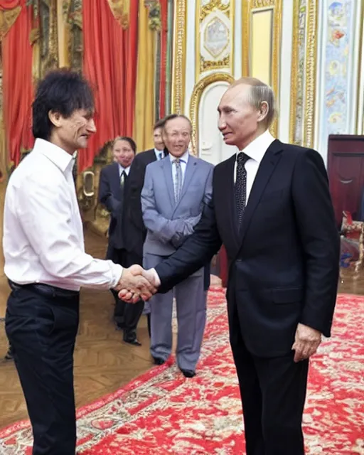 Prompt: sixty years old viktor tsoi in a business suit shaking hands with vladimir putin in kremlin, joyful look, mscow, color photo, in the style of documentary journalism, mid shot photo, digital photo, 4 k