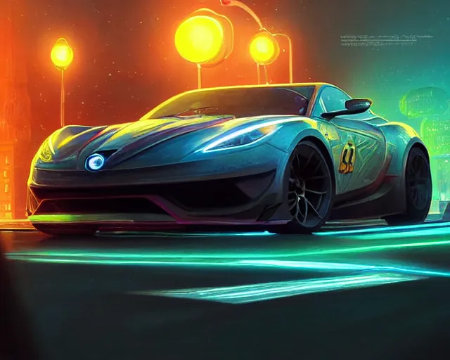 Image similar to sports car, night life, neon glow, race, speed, lights, lens flare, deep focus, d & d, fantasy, intricate, elegant, highly detailed, digital painting, artstation, concept art, matte, sharp focus, illustration, hearthstone, art by artgerm and greg rutkowski and alphonse mucha