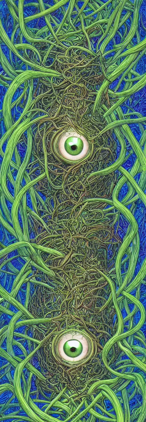 Image similar to many large beautiful eyeballs inside of extremely thick iridescent vines intertwined, central composition, high saturation, epic lighting, in the style of Peter gric and Amanda Sage 8k