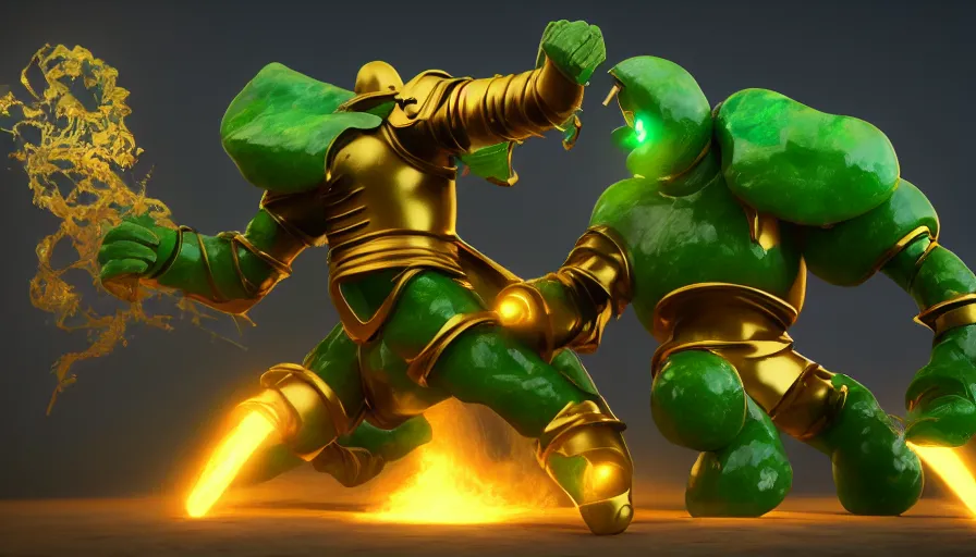 Image similar to the jade golem fights the golden knight, octane render, dynamic lights and shadow, raytracing, photorealistic render, digital art, wallpaper,