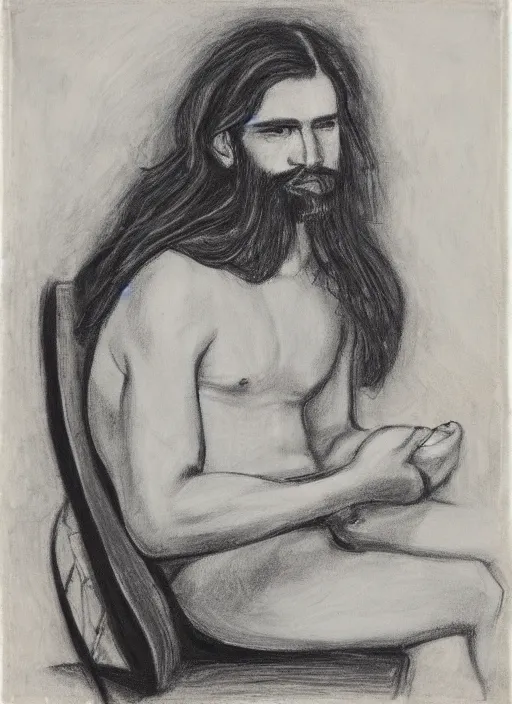 Image similar to portrait of a 23 year old man with long dark hair and a beard looking down on a canvas he is holding on his lap,charcoal drawing, psychedelic, in a minimalistic style