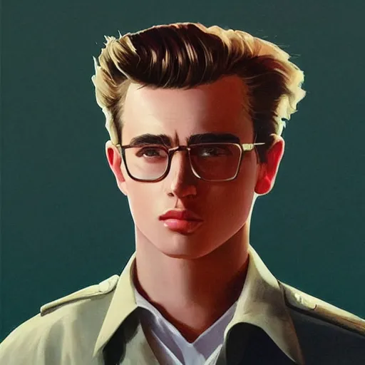 Image similar to a highly detailed epic cinematic concept art CG render digital painting artwork costume design: young James Dean as a well-kept neat perfect formal student in a 1950s USSR school uniform. By Greg Rutkowski, Ilya Kuvshinov, WLOP, Stanley Artgerm Lau, Ruan Jia and Fenghua Zhong, trending on ArtStation, made in Maya, Blender and Photoshop, octane render, excellent composition, cinematic atmosphere, dynamic dramatic cinematic lighting, cinematic colors, aesthetic, very inspirational, arthouse
